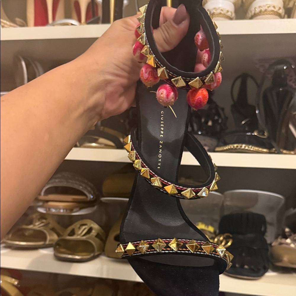 Giuseppe Zanotti Black and Gold Heels with Red Accents